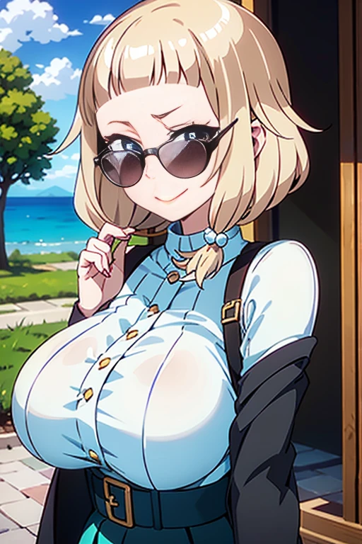 anime girl risque outfit yet cover skin, posing for photoshoot, masterpiece, best quality, high quality, wearing sunglasses near nose, one eye open, smiling
