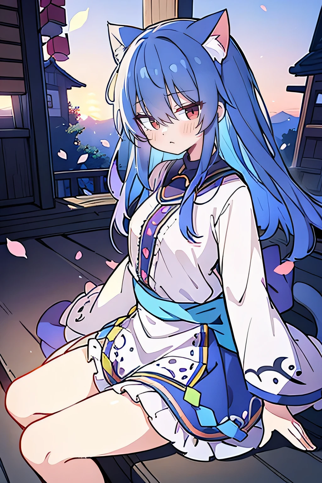 (masterpiece:1.2),Super detailed,Practical,expressive eyes,Fair skin,Perfect face shaping,1 Girl,
Japanese cartoons,Gorgeous blue hair, the long flowing blue hair,Floating clothes,Cat ears,Petals falling,beautiful lola,Young Angel,
Hands on waist,sit elegantly on the ground,Cross your legs,Gentle and peaceful background,Cool and cozy pavilion,Sunset,