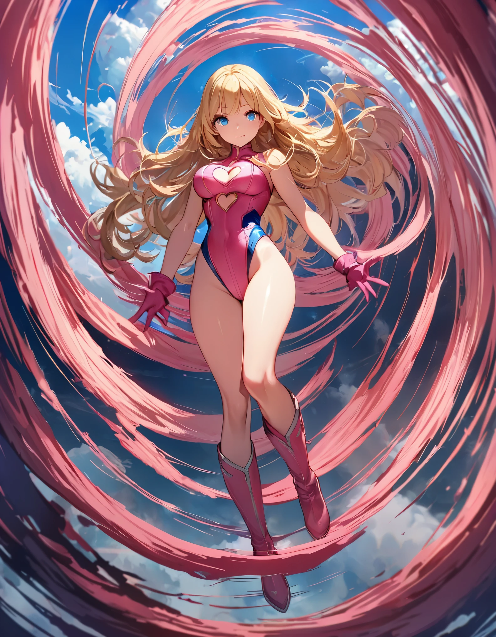 ((masterpiece)), ((best quality)), ((high res)), 1girl, solo, solo focus, (leotard, perfect leotard, pink leotard, sleeveless, bare legs), matching boots, looking at the viewer, blue sky backdrop, perfect hands, complete fingers, perfect anatomy, perfect proportions, medium breasts, (blonde hair, long hair, mid-length hair, hair down, bangs), knee boots, blue eyes, beautiful detailed eyes, beautiful detailed face, cute face, (cleavage heart cutout), pink gloves, pink footwear, superhero, heroic, (spread arms, spins in place like a tornado, she spins at an incredible speed, creating a whirlwind of air around her, spiral lines around, cyclone cloud around, tornado spinning), full body with costume