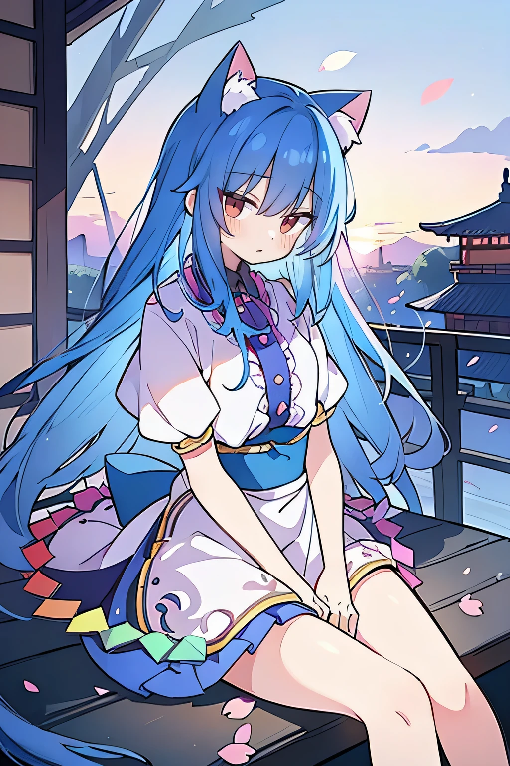 (masterpiece:1.2),Super detailed,Practical,expressive eyes,Fair skin,Perfect face shaping,1 Girl,
Japanese cartoons,Gorgeous blue hair, the long flowing blue hair,Floating clothes,Cat ears,Petals falling,beautiful lola,Young Angel,
Hands on waist,sit elegantly on the ground,Cross your legs,Gentle and peaceful background,Cool and cozy pavilion,Sunset,