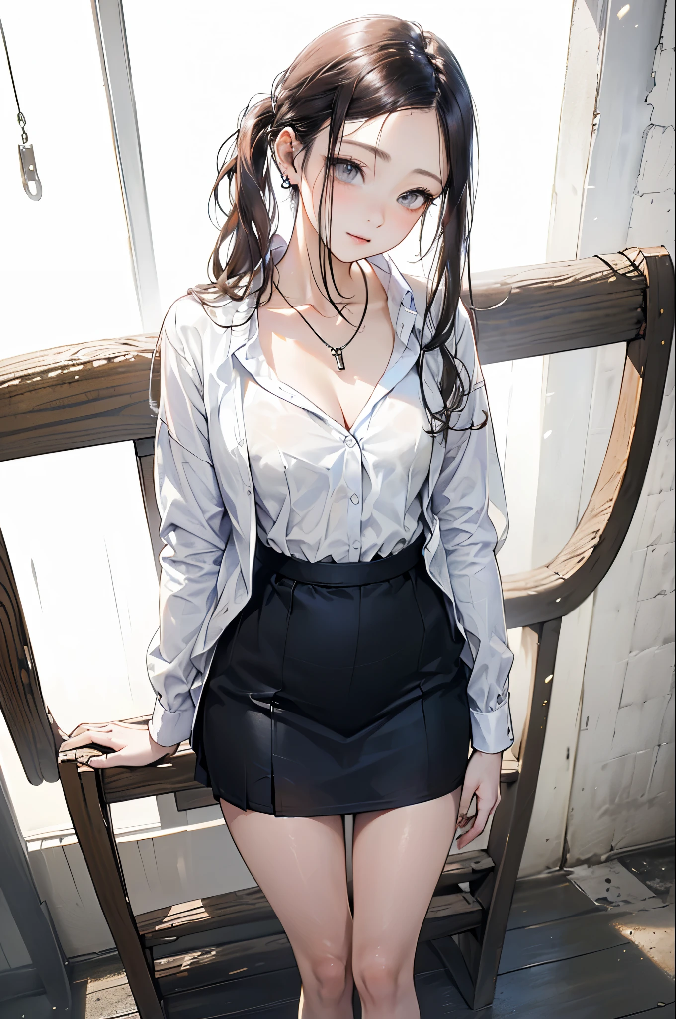 (best quality:1.2,masterpiece:1.2),solely,1girl,serious,beautiful detailed eyes,beautiful detailed lips,extremely detailed eyes and face,long eyelashes,Miku Nakano,looking at the viewer,hand on face,sitting,crossed legs,button-up shirt,tied-up skirt,stockings,thick thighs,big breasts,illustration,ultra-detailed,realistic:1.37,professional,portrait,vivid colors,soft lighting