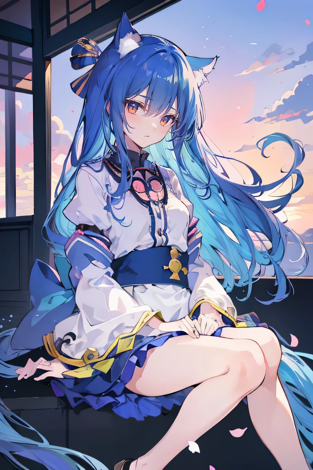 (masterpiece:1.2),Super detailed,Practical,expressive eyes,Fair skin,Perfect face shaping,1 Girl,
Japanese cartoons,Gorgeous blue hair, the long flowing blue hair,Floating clothes,Cat ears,Petals falling,beautiful lola,Young Angel,
Hands on waist,sit elegantly on the ground,Cross your legs,Gentle and peaceful background,Cool and cozy pavilion,Sunset,