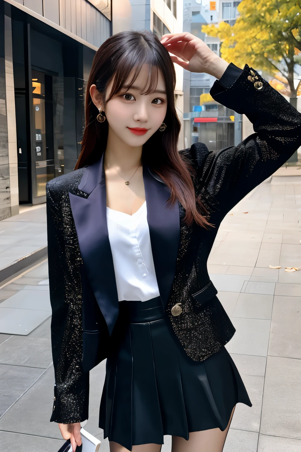 最high quality, masterpiece, One girl, Beautiful Face, (Photo Real:1.3), Edge Light, (Highly detailed skin:1.2), 8K Ultra HD, Digital single-lens reflex camera, high quality, High resolution, 4K, 8k, Bokeh, Optimal ratio of four fingers to one thumb, (Realistically:1.3), かわいいOne girl, Wearing a red formal blazer, Medium chest, Black silk skirt,