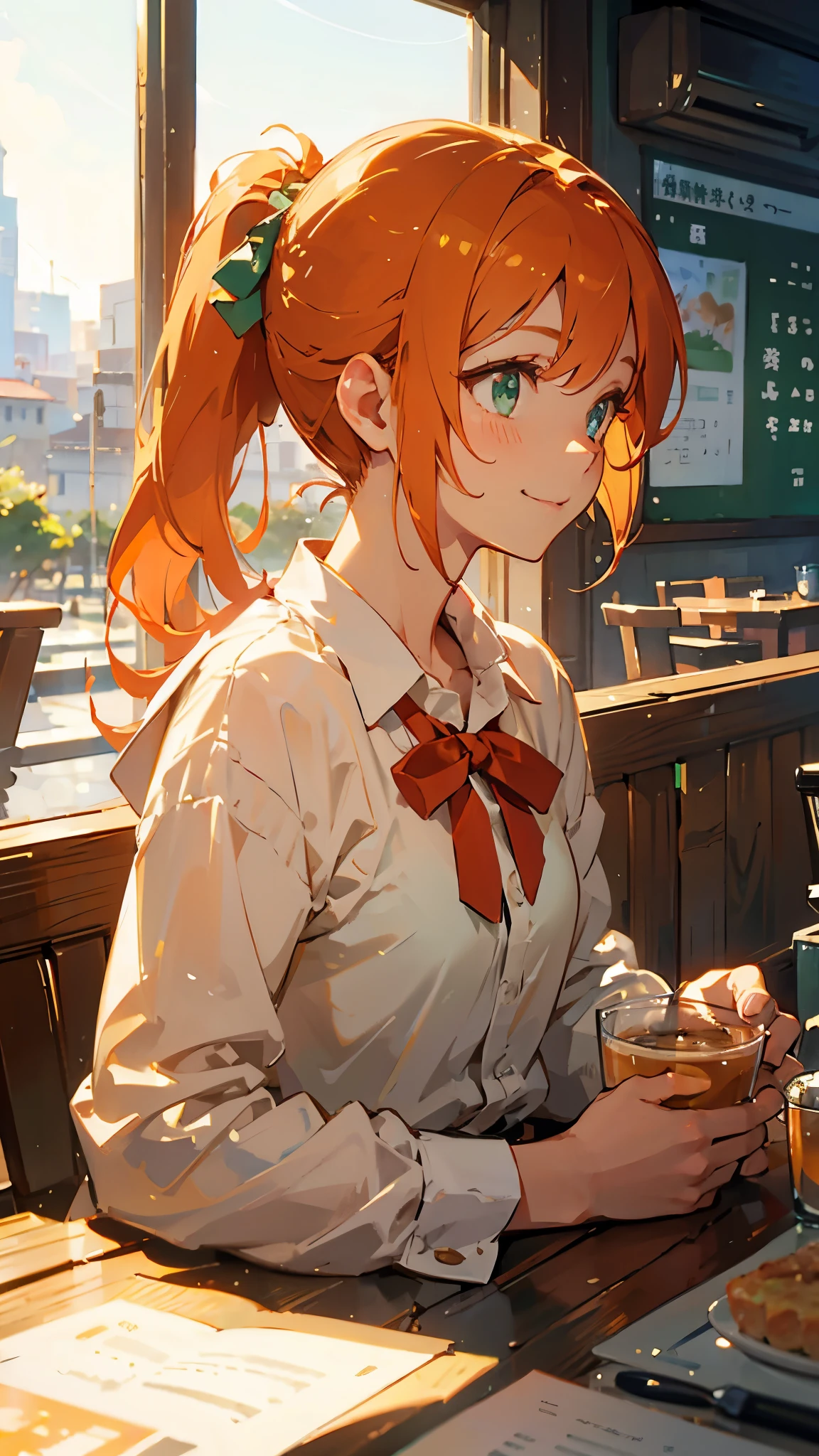 1girl、Orange Hair、ponytail、Beautiful green eyes、smile、profile、Upper body close-up、Morning Cafe Terrace、Background blur, The depth of the drawn boundaries