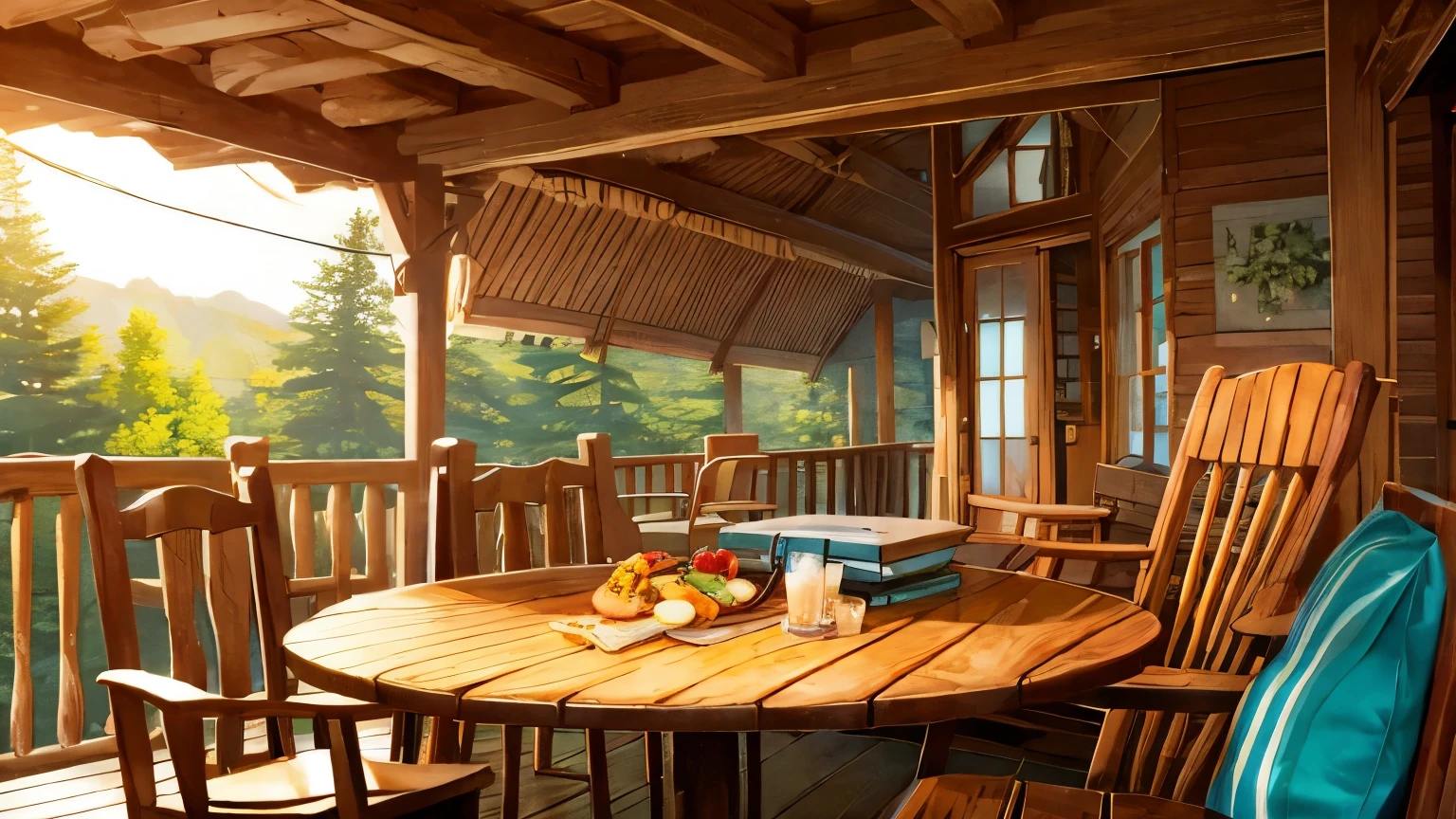 cabin house.rocking chair in front. Sitting on a chair . food and books on the table. The wind is gentle
