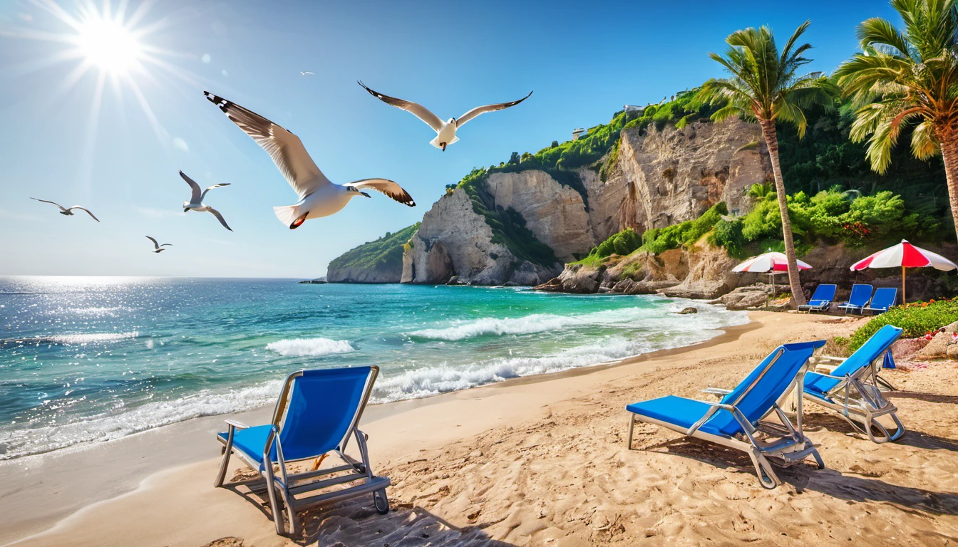 best quality, highres, ultra-detailed, (realistic:1.37) coastline, crystal clear water, sandy beaches, gentle waves, vibrant blue sky, picturesque horizon, sun-kissed cliffs, lush greenery, seagulls flying, serene atmosphere, HDR, vivid colors, bokeh, beach chairs, sun umbrellas, palm trees, peaceful, idyllic, breathtaking, summer vacation, paradise, landscape, Mediterranean, dreamy
