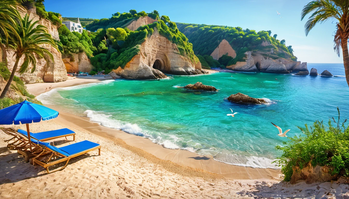 best quality, highres, ultra-detailed, (realistic:1.37) coastline, crystal clear water, sandy beaches, gentle waves, vibrant blue sky, picturesque horizon, sun-kissed cliffs, lush greenery, seagulls flying, serene atmosphere, HDR, vivid colors, bokeh, beach chairs, sun umbrellas, palm trees, peaceful, idyllic, breathtaking, summer vacation, paradise, landscape, Mediterranean, dreamy