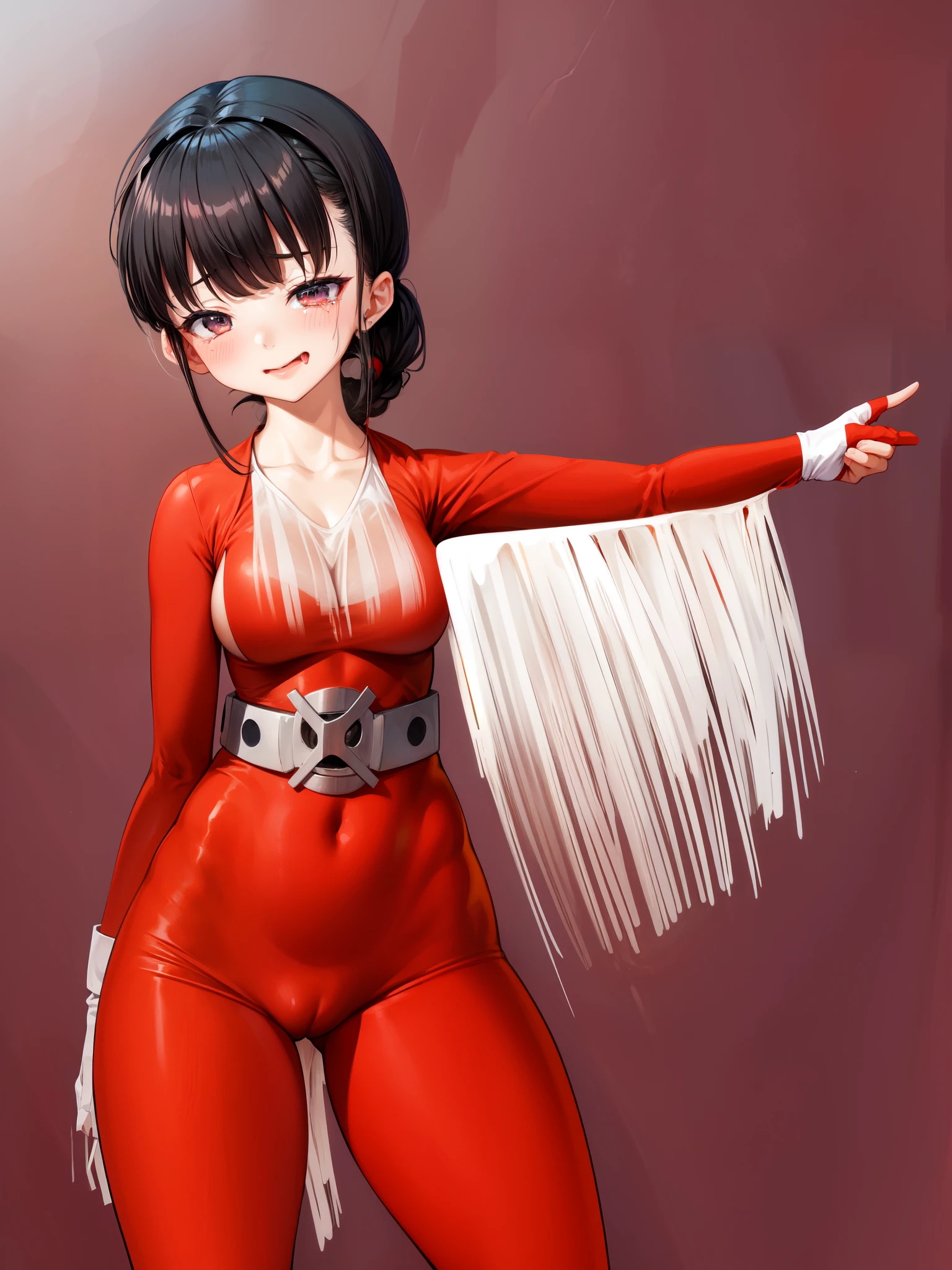 Close-up of a woman in a red leotard, Saiyan Girl, wonderful, Nano Girl, Female body type, Inspired by Hiromu Arakawa, Anime Manga Robot!! Anime Girls, Fubuki, Full Body Suit, by Hiromu Arakawa, , wonderful, silk, Beautiful and attractive anime , Anime Girls of the future, tears,Drooling,Pee,Sweat,Ahegao,Tongue out,incontinence,incontinenceして股間を濡らしている,Peeing,White semen in the crotch,Droolingを垂らしている,Mouth open and tongue out,Sticking out your tongue and drooling,Estrus,Nipple Pochi,Eyes wide open,Estrus!!!,Blushing,Drooling with excitement,White semen in the crotch,White stain in crotch,Droolingが垂れている,垂れたDroolingが胸についている,Crotch stain,Crotch stainのあと,feeling sexual,Excited,Nipples are erect,Face is hot,Joy,Lust!!!,Lustして舌を出している,Lustして涎を垂れ流している,sticks out tongue,Ahegaoで舌を出している,Mouth wide open and tongue sticking out,drool is dripping from the mouth,Drooping tears,Drooping tearsがおっぱいについている,怯えてincontinence