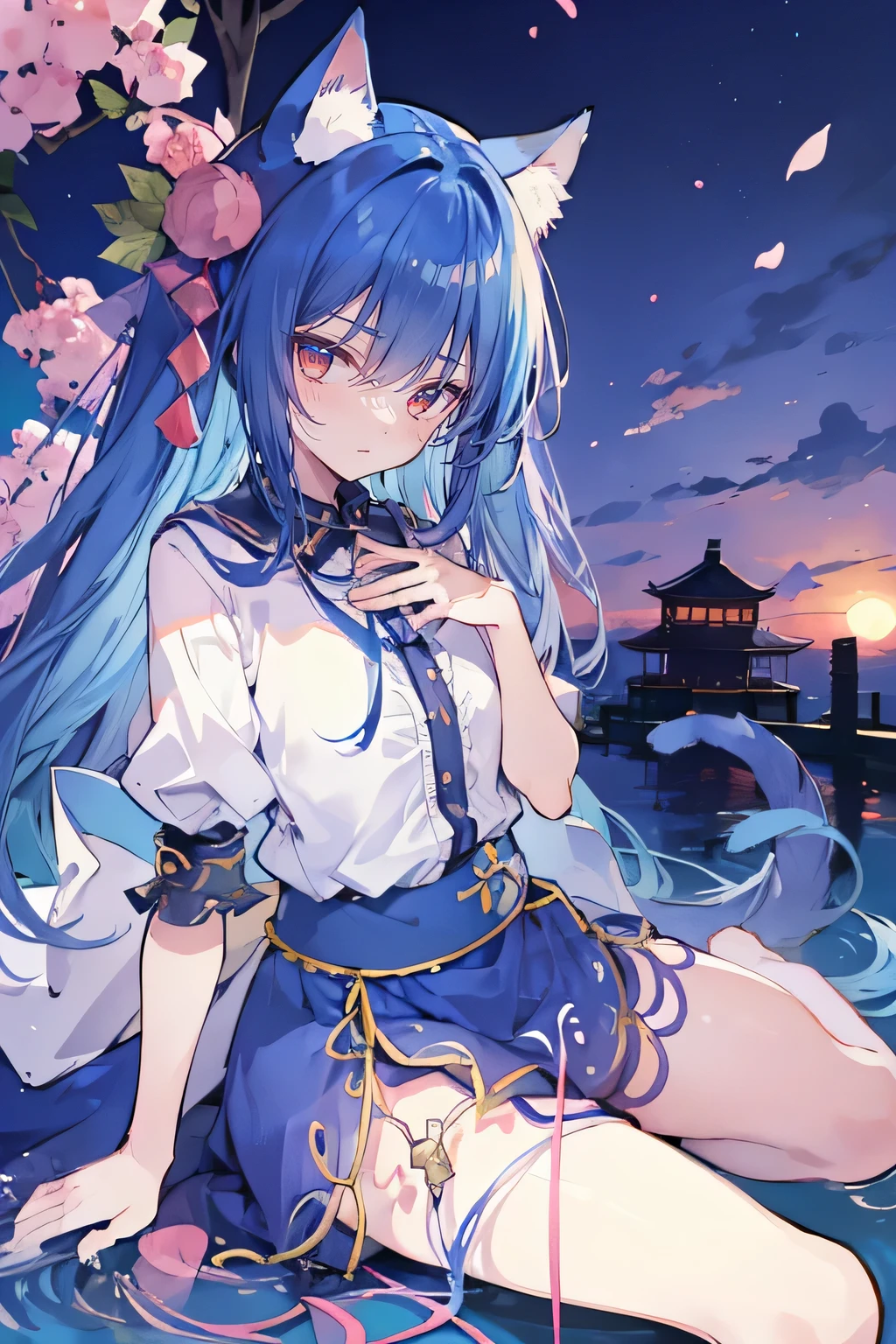 (masterpiece:1.2),Super detailed,Practical,expressive eyes,Fair skin,Perfect face shaping,1 Girl,
Japanese cartoons,Gorgeous blue hair, the long flowing blue hair,Floating clothes,Cat ears,Petals falling,beautiful lola,Young Angel,
Hands on waist,sit elegantly on the ground,Cross your legs,Gentle and peaceful background,Cool and cozy pavilion,Sunset,