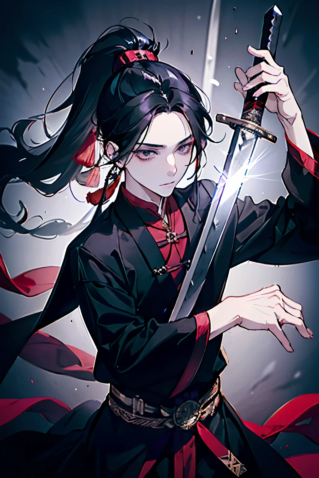 ((boy around 18 years old)),(Long black hair ponytail:1.3),(Black, red and purple costume reminiscent of an ancient Chinese priest),(Fantastic Light),((Brandishing a sword:1.5)),(pose)