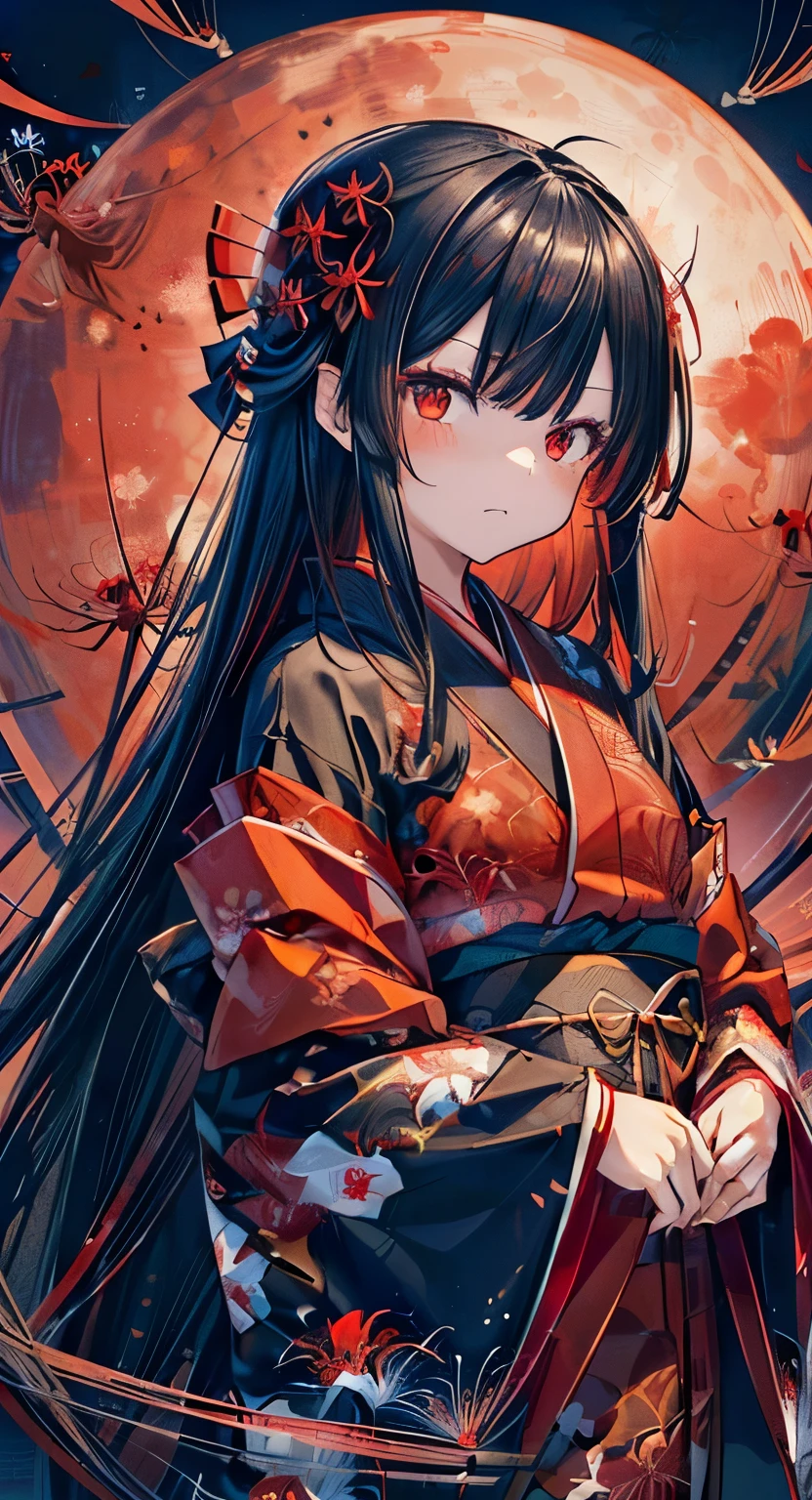 Red spider lilies in full bloom、Background red spider lily満開、Background Higanbana、(((Enma Ai)))(())((female))((( 地獄少female)))((Long Black Hair))( ((Dark red eyes)))((( A black kimono with a blue butterfly pattern)))(((Background sunset red moon))『((((Background red spider lily))))』