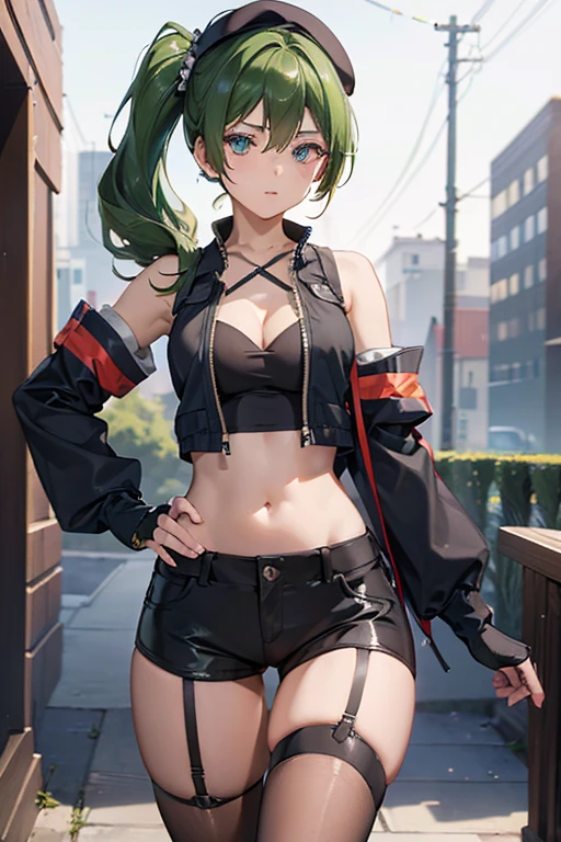 ubel,dark green hair,long hair,side ponytail,hair between eyes,bangs, BREAK (beret, black jacket, open clothes, cleavage, midriff, black shorts, black thighhighs, thigh strap, fingerless gloves, single glove:1.2) BREAK blurry background, BREAK pose, hand on hip, BREAK (masterpiece:1.2), best quality, high resolution, unity 8k wallpaper, (illustration:0.8), (beautiful detailed eyes:1.6), extremely detailed face, perfect lighting, extremely detailed CG, (perfect hands, perfect anatomy),
