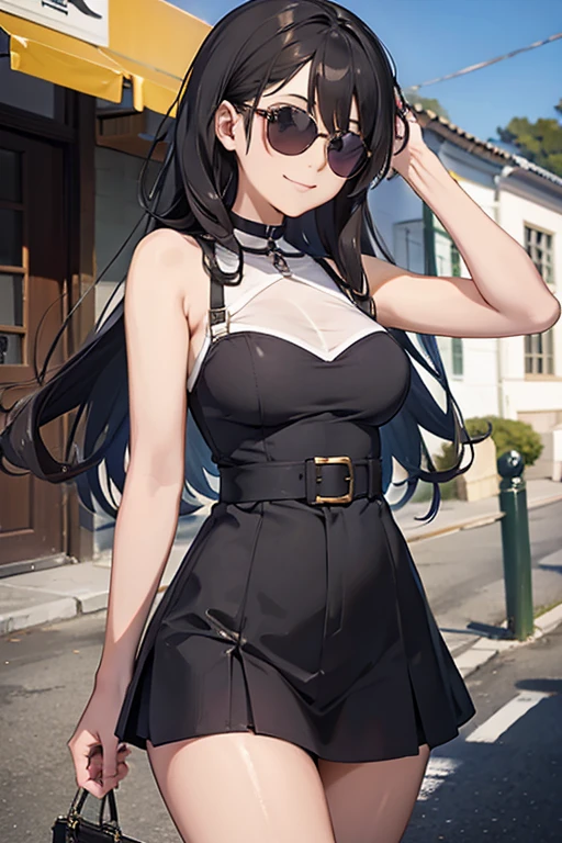 anime girl risque outfit yet cover skin, posing for photoshoot, masterpiece, best quality, high quality, wearing sunglasses near nose, one eye open, smiling