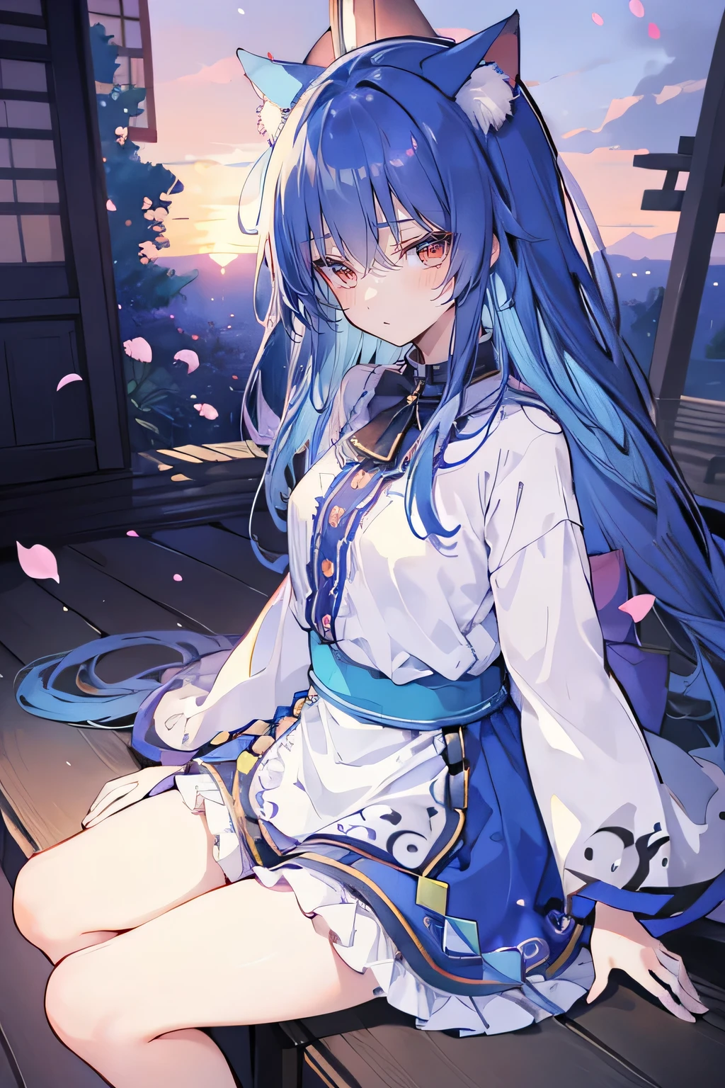 (masterpiece:1.2),Super detailed,Practical,expressive eyes,Fair skin,Perfect face shaping,1 Girl,
Japanese cartoons,Gorgeous blue hair, the long flowing blue hair,Floating clothes,Cat ears,Petals falling,beautiful lola,Young Angel,
Hands on waist,sit elegantly on the ground,Cross your legs,Gentle and peaceful background,Cool and cozy pavilion,Sunset,