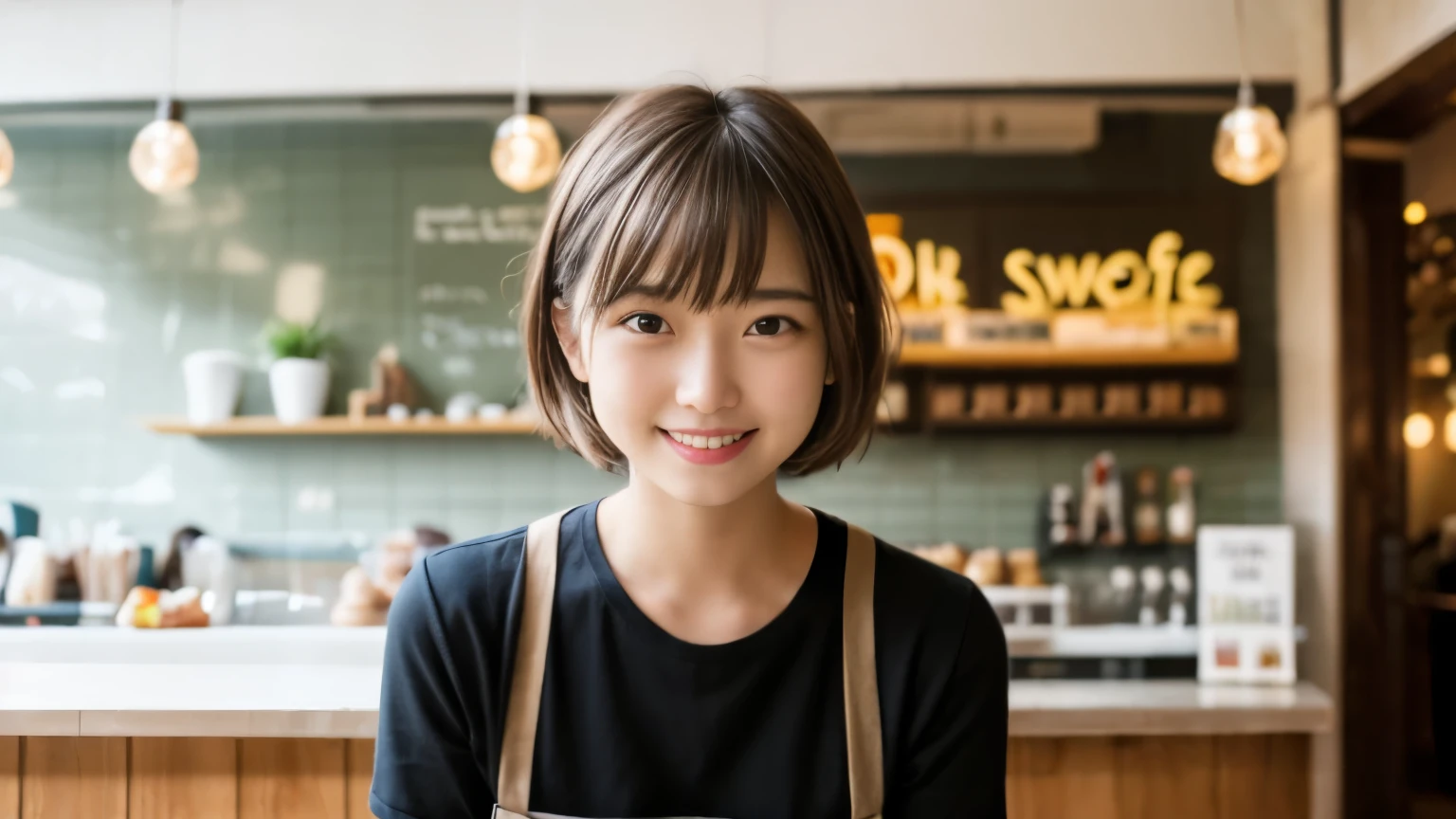 super high quality, smile, Short Hair, Slender, Gravure photoshoot, The staff is working at the counter in the back., (8k、RAW Photos、highest quality、masterpiece:1.2), Japanese Idol, Shaggy, Stylish café, (Realistic、Photorealistic:1.37), Mesh Hair, Normal chest, Urban Cafe, Golden Ratio, Raw photo, Cute face , Light Brown Hair, Bright cafe interior, Blurred Background, Spring Clothes, A sweet expression, Watching the audience, Beautiful hairstyle, Spoiled, Smile, Neat clothes, 18-year-old, younger sister, 

