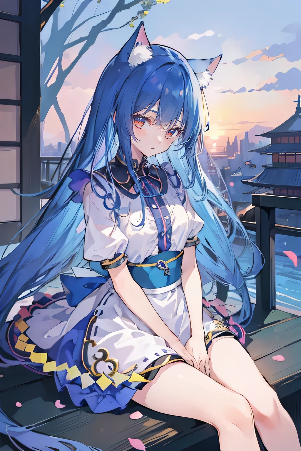 (masterpiece:1.2),Super detailed,Practical,expressive eyes,Fair skin,Perfect face shaping,1 Girl,
Japanese cartoons,Gorgeous blue hair, the long flowing blue hair,Floating clothes,Cat ears,Petals falling,beautiful lola,Young Angel,
Hands on waist,sit elegantly on the ground,Cross your legs,Gentle and peaceful background,Cool and cozy pavilion,Sunset,