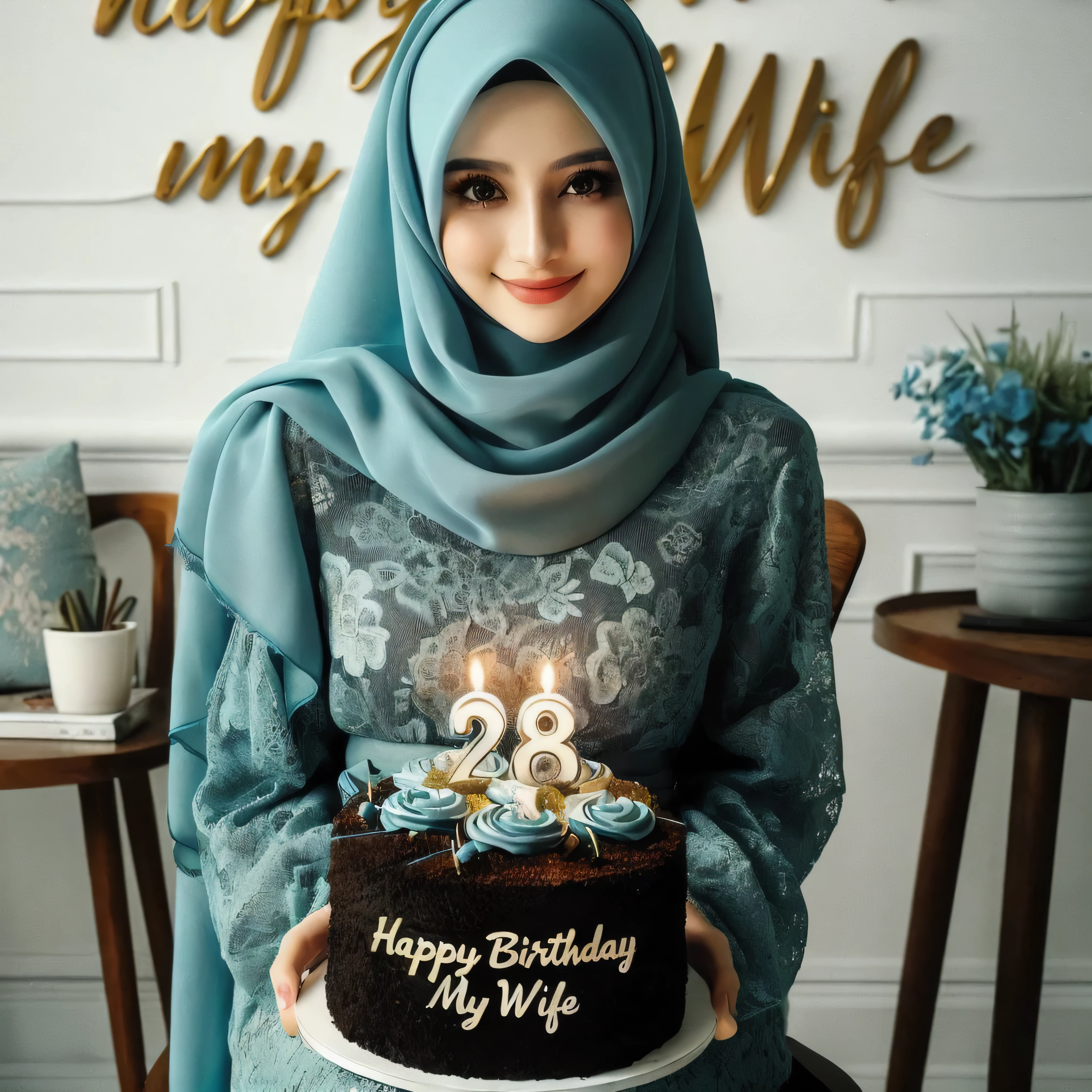 woman in hijab holding a birthday cake with candles, she is 2 3, wife, 2 , 2 9 years oldthday, 2 7 years old, iray, she 5 years old, 3 0 years woman, 30 oman, 3 0 years old woman, 2 2 years old, 2 3 years old