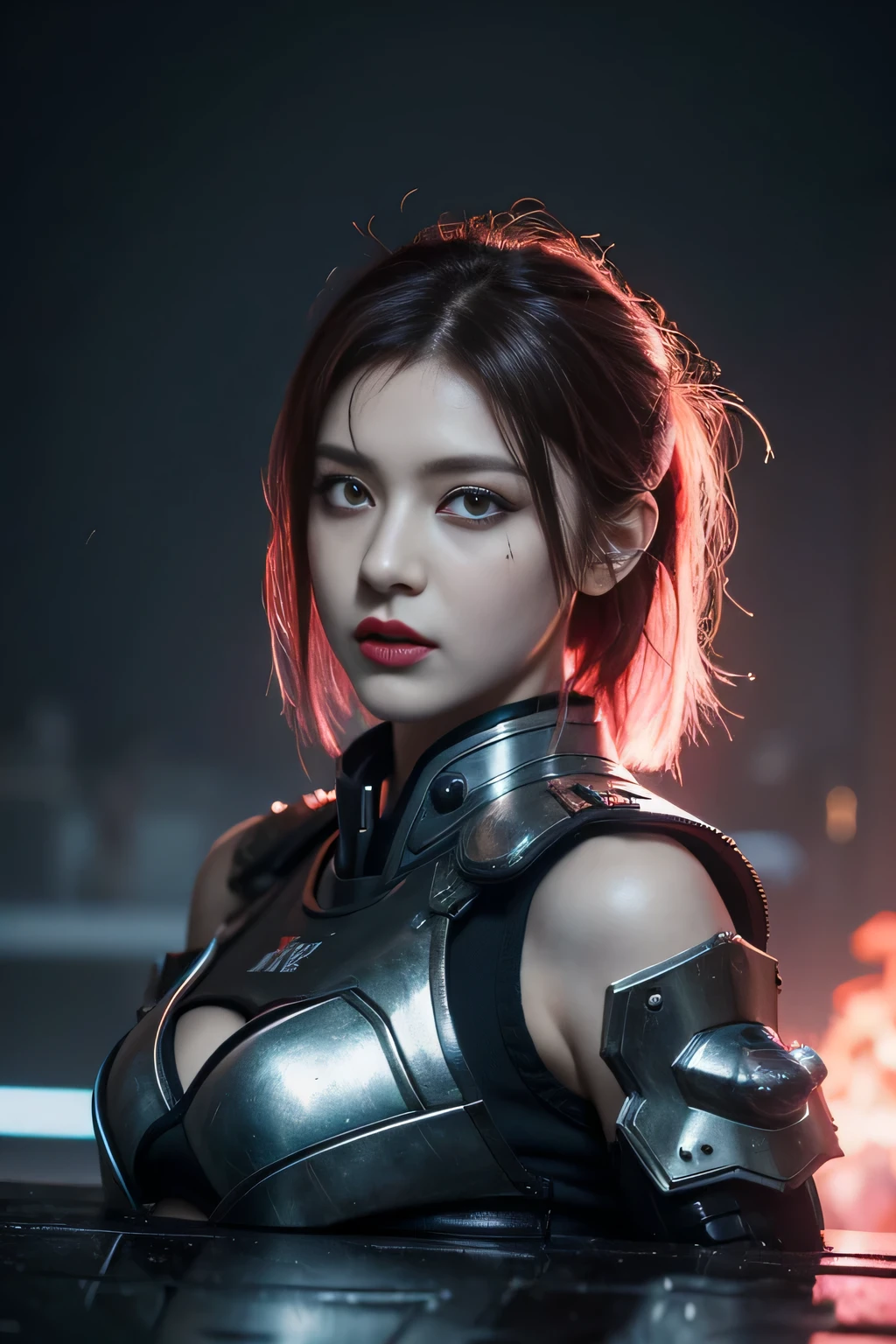 masterpiece,best quality,high resolution,8k,(Portrait Photography:1.5),(R Original Photo),real picture,Digital Photography,(A fusion of cyberpunk and fantasy),(Female Soldiers),20 year old girl,Feel free to hairstyle,By Bangs,(Pink Eye, Accessories,Red lips,(He frowned,sneer),(Combination of cyberpunk and fantasy style clothing,hollow-carved design,Combined Armor,,Hematite Set),Show your belly button,Photo pose breast skin texture realistic,Realistic style,Thunder and lightning on rainy days,(Thunder magic),oc render reflection texture