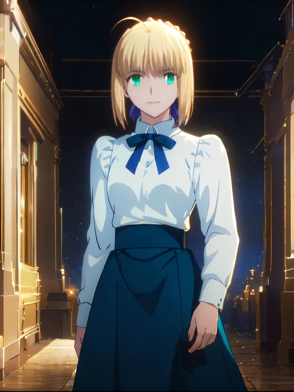 (masterpiece:1.4), (best quality:1.4), realistic, 1girl, artoria pendragon \(fate\), ray tracing light, large breast, night time, little ahoge, green eyes, white shirt, blue skirt, happy, blush, little smile, stand, in the city, empty road, face focus, from the front, looking at viewer, night time, close up view