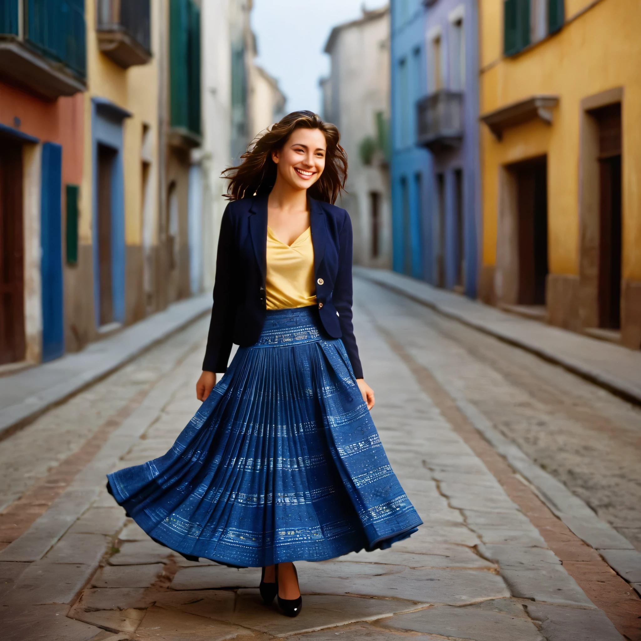 A smiling, authentic, (shy:1,3), kind, beautiful woman, is passionately in love with her skirt, dancing while wind lifts her skirt, wearing short blazer and very, very detailed (long (fully pleated) full circle skirt) and (low heeled court shoes), very, very intricate hyper-detailed symmetric (attractive graceful young feminine face) with (sad, tired eyes and a loving smile), very voluptuous breasts, full of empathy and compassion and love, (pronounced (feminine) features), (highly detailed ultra accurate realistic) hands and fingers, (windy), epic composition, highly detailed attributes, (35mm f1.4 Kodak portra 400 photograph), extremely high quality RAW photograph, highly detailed atmosphere, cinematic shot, dynamic lighting, 75mm, Technicolor, Panavision, cinemascope, sharp focus, fine details, 8k, HDR, realism, realistic, key visual, film still, superb cinematic color grading, depth of field