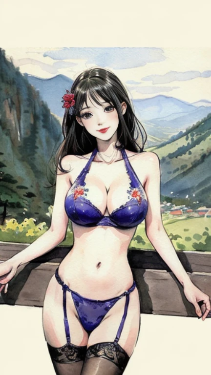 (masterpiece, highest quality: 1.2), （Chinese landscape watercolor painting）, （The steep mountains of Huangshan in China々A watercolor painting of,）One Girl,（Large Breasts、Large breasts、Big Tits） Intricately embroidered Chinese costume　,Embellished micro bikini  ,（Cleavage exposure、Expose your arms、Navel exposure、Exposed thighs）（Whip Body、Slender Big Tits）Garter Stockings、 (smile), Looking at the audience,