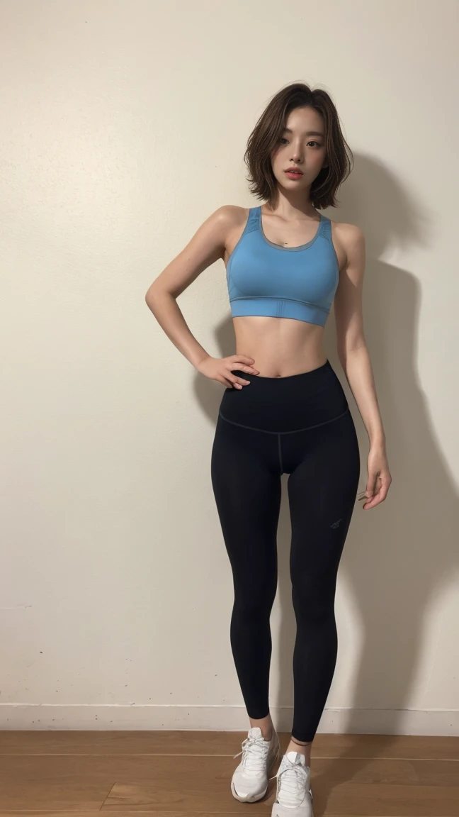Sports Bra、Sports tights、See-through、It's digging in、I'm not wearing anything underneath、Full Body Shot、20th Ayaka、NiziU AYAKA、 4K、1People Women、slender、 Loose, wavy styling 、Fascinating and attractive、Including the texture of the face and skin.,Detailed eyes、A seductive look
