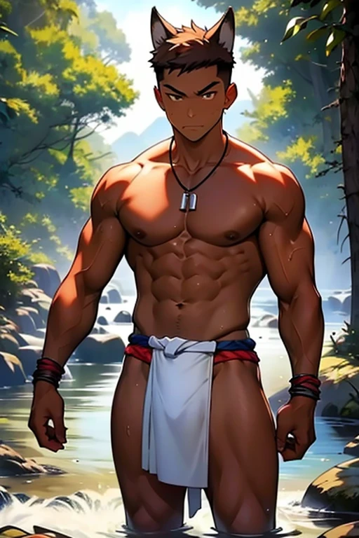 野性的なBrown skinの狼獣人の部族の細マッチョな奴隷少年、Brown skin、barefoot、barbarian、Catching fish in the river、Ankle Accessories、Wolf Ears、Wearing an ivory necklace、Wearing a loincloth、Short Hair、Tattered Loincloth、Iron Collar、back