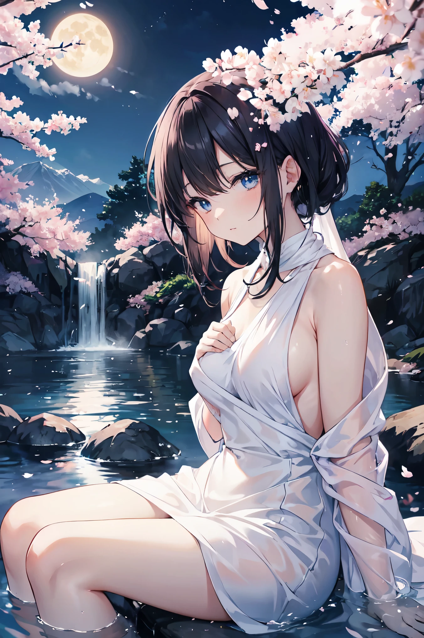 A woman relaxing in a hot spring,Black Hair、Blue Eyes、２０generation,Looking up at the moon、cherry blossoms、cherry blossoms blizzard、Satisfied face,Put a towel over your hair,Beautiful light of inspiration,Elegant water flow,Calm atmosphere,Quiet and calm background