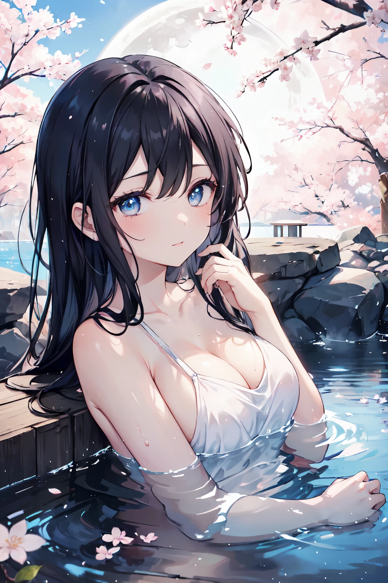 A woman relaxing in a hot spring,Black Hair、Blue Eyes、20generation,Looking up at the moon、cherry blossoms、cherry blossoms blizzard、Satisfied face,Put a towel over your hair,Beautiful light of inspiration,Elegant water flow,Calm atmosphere,Quiet and calm background