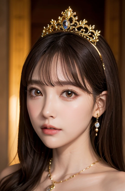 Princess , in castle , detailed hand , high quality, super quality, (detailed face:1.2), beautiful woman , golden eyes, long hair , mega breast , gorgeous dress, tiara, necklace , earring , sharpe eyebrow , (brown hair:1.4), wearing sick dress