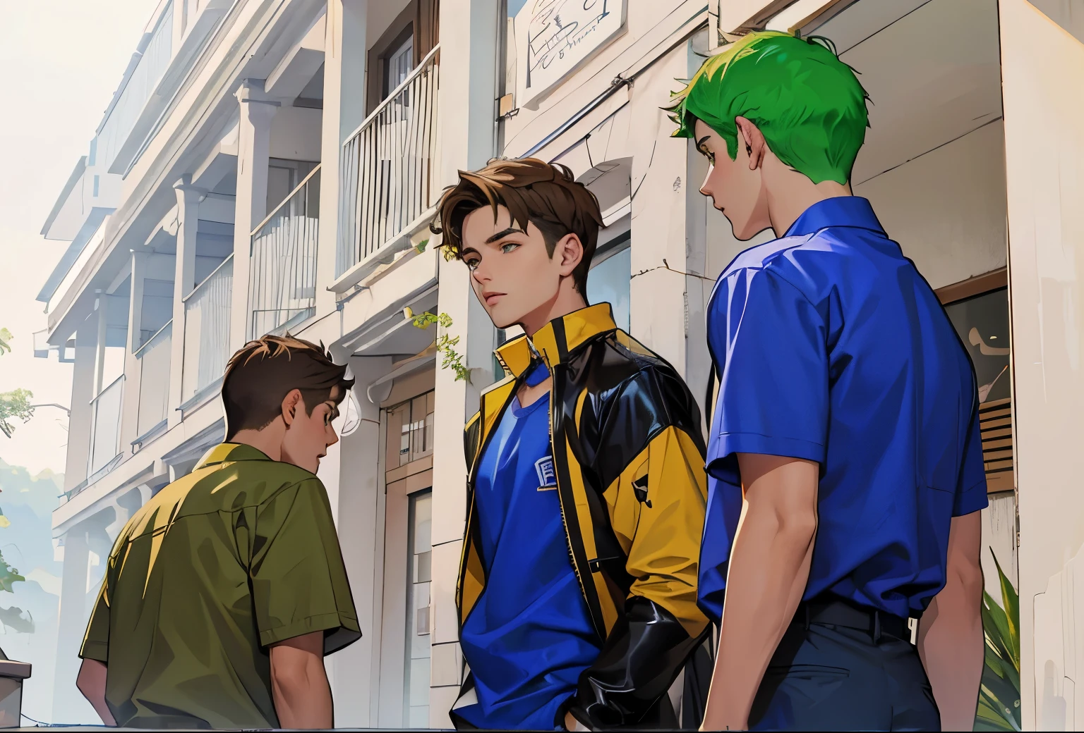They are three handsome young men of 15 years old.., green and brown hair, ropa azul.
