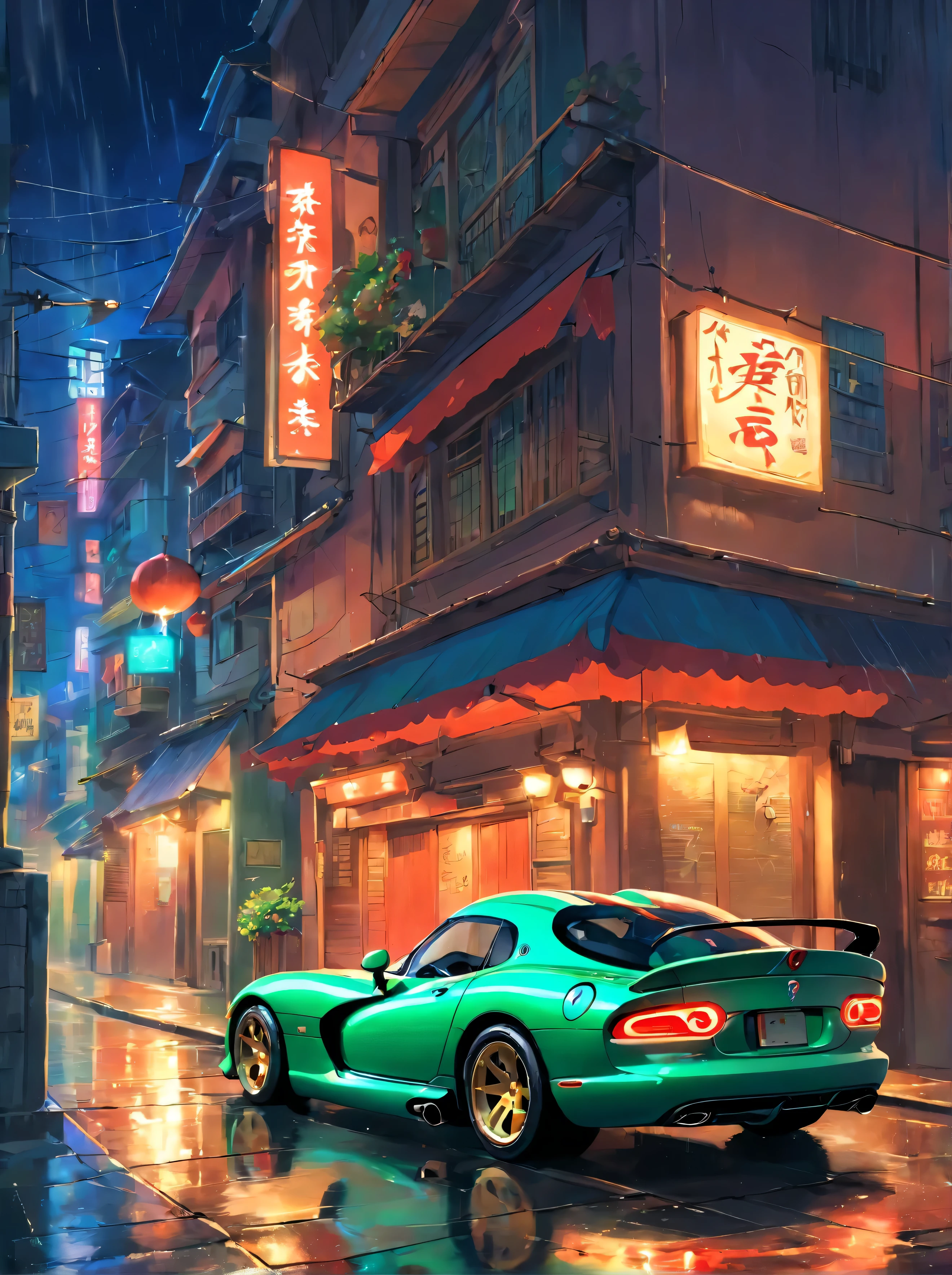 Um Dodge Viper, dirigindo na cidade, chuva forte, noite, ambiente escuro, cidade iluminada