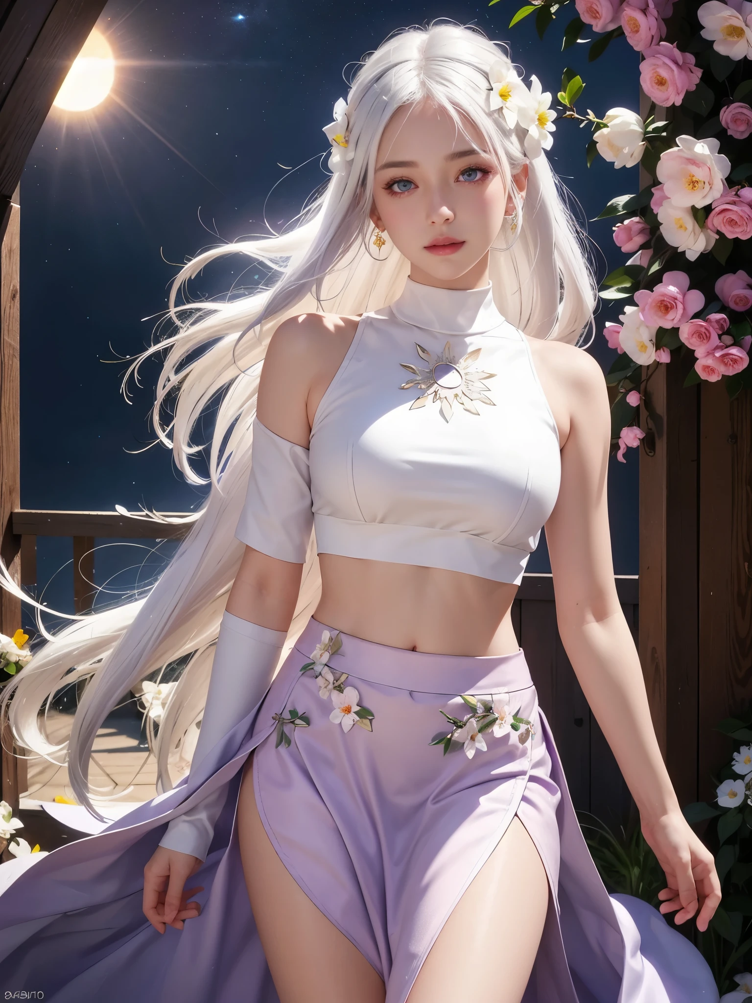 realistic girl, realistic expression, 1 sexy girl, white hair, purple eyes, glowing eyes, crop top, skirt, parted lips, blush, night, flowers, sun, sunlight, medium breasts, Chinese beautiful girl, beautiful eyes, perfect face, perfect body, perfect eyes.