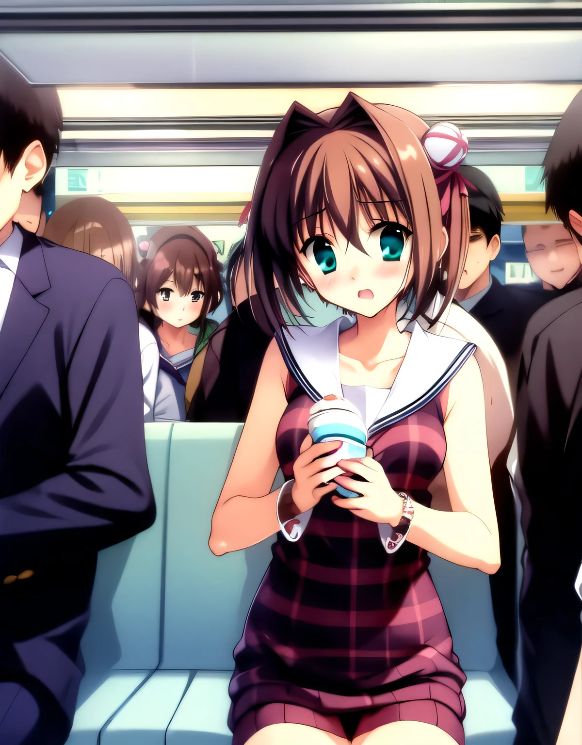 asakura_yume,Brown Hair,Medium Chest,Aqua Eye,White skin,((surprise)),((Embarrassment)),((sorrow)),((Sleeveless_sweater)),(((crowded train))),((Multiple men)),nsfw,((Multiple molesters)),((Yume Asakura_Multiple molestersに胸を触られる)),No bra