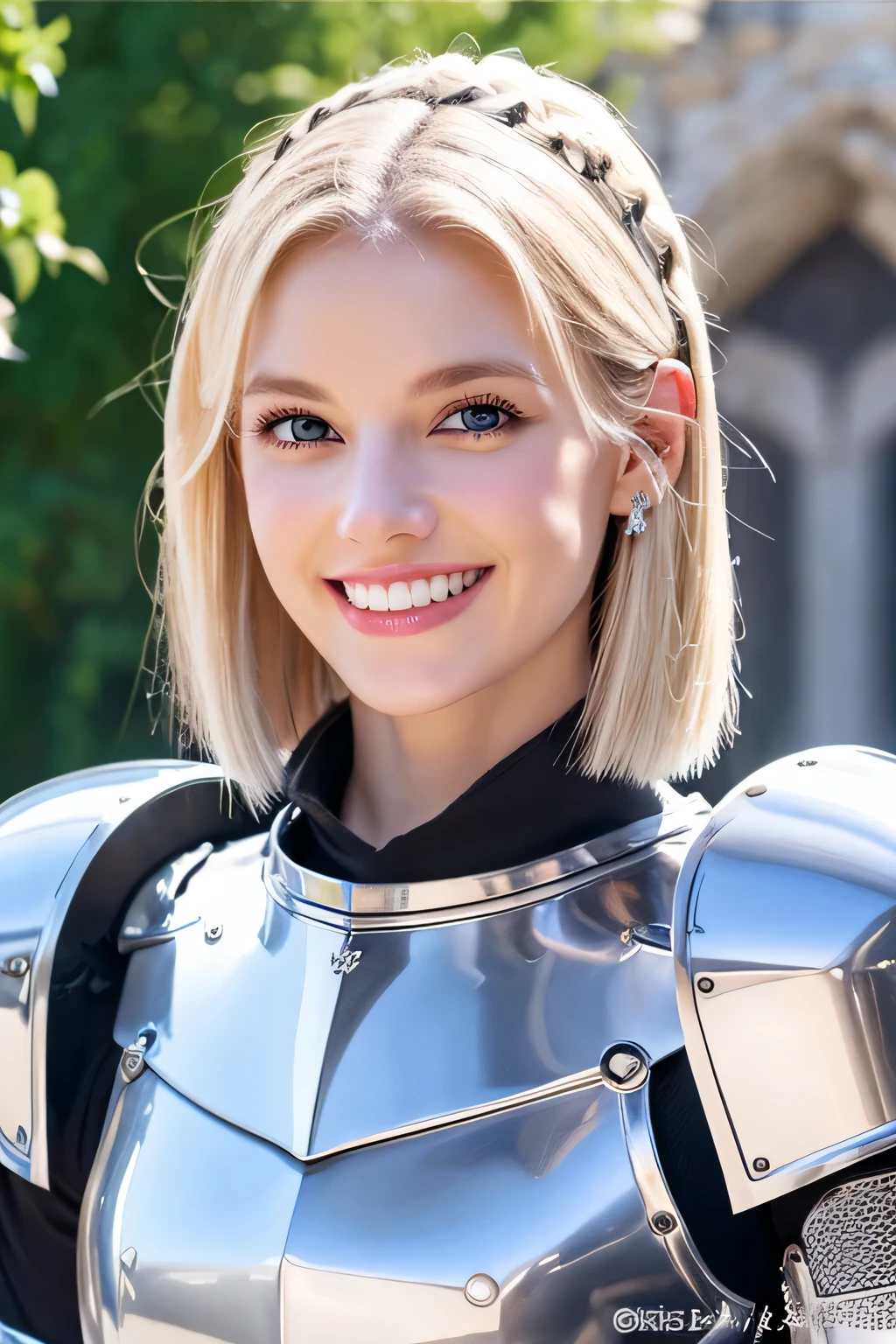 8K、highest quality、female knight、Luxurious Silver Armor、、hairstyle short cut、smile、Beautiful Teeth、Full body photo、ear piercing、blonde、White woman、blue eyes、Heavy makeup、The background is inside the castle
