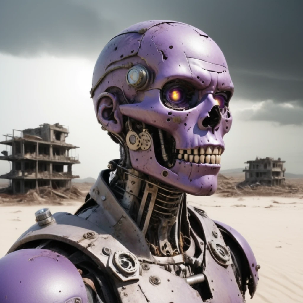 "Create an ultra-realistic half-body portrait of an android with aged and worn parts, styled in a steampunk aesthetic. In the background, depict a world ravaged by a nuclear attack, featuring crumbling buildings, destroyed cars, vast expanses of sand, and scattered skulls. Show debris from collapsed structures strewn across the landscape. The sky should be rendered in shades of gray and purple, with the sun struggling to penetrate heavy clouds. Add a sand haze to the air to enhance the eerie atmosphere. Use depth of field techniques to create a sense of perspective and immersion. Pay meticulous attention to detail to immerse viewers in the bleak and desolate reality of the post-apocalyptic scene.", gutto2024abr 