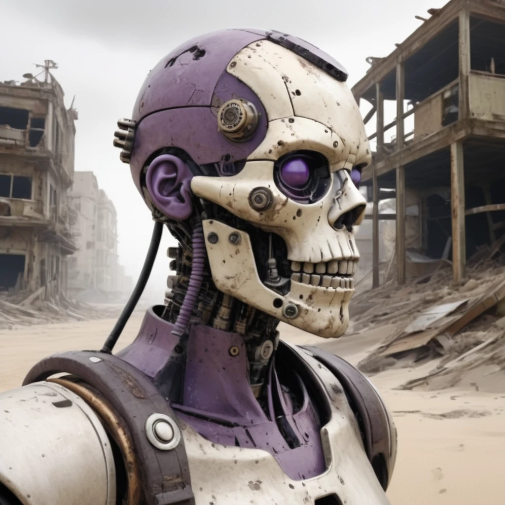 "Create an ultra-realistic half-body portrait of an android with aged and worn parts, styled in a steampunk aesthetic. In the background, depict a world ravaged by a nuclear attack, featuring crumbling buildings, destroyed cars, vast expanses of sand, and scattered skulls. Show debris from collapsed structures strewn across the landscape. The sky should be rendered in shades of gray and purple, with the sun struggling to penetrate heavy clouds. Add a sand haze to the air to enhance the eerie atmosphere. Use depth of field techniques to create a sense of perspective and immersion. Pay meticulous attention to detail to immerse viewers in the bleak and desolate reality of the post-apocalyptic scene.", gutto2024abr 