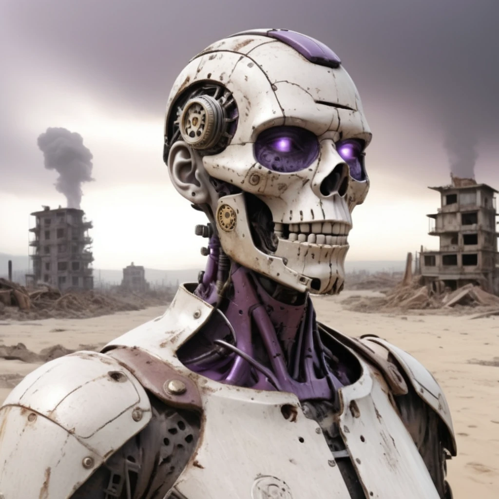 "Create an ultra-realistic half-body portrait of an android with aged and worn parts, styled in a steampunk aesthetic. In the background, depict a world ravaged by a nuclear attack, featuring crumbling buildings, destroyed cars, vast expanses of sand, and scattered skulls. Show debris from collapsed structures strewn across the landscape. The sky should be rendered in shades of gray and purple, with the sun struggling to penetrate heavy clouds. Add a sand haze to the air to enhance the eerie atmosphere. Use depth of field techniques to create a sense of perspective and immersion. Pay meticulous attention to detail to immerse viewers in the bleak and desolate reality of the post-apocalyptic scene.", gutto2024abr 