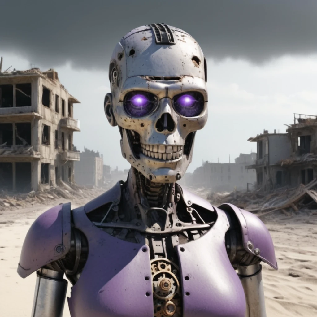 "Create an ultra-realistic half-body portrait of an android with aged and worn parts, styled in a steampunk aesthetic. In the background, depict a world ravaged by a nuclear attack, featuring crumbling buildings, destroyed cars, vast expanses of sand, and scattered skulls. Show debris from collapsed structures strewn across the landscape. The sky should be rendered in shades of gray and purple, with the sun struggling to penetrate heavy clouds. Add a sand haze to the air to enhance the eerie atmosphere. Use depth of field techniques to create a sense of perspective and immersion. Pay meticulous attention to detail to immerse viewers in the bleak and desolate reality of the post-apocalyptic scene.", gutto2024abr 