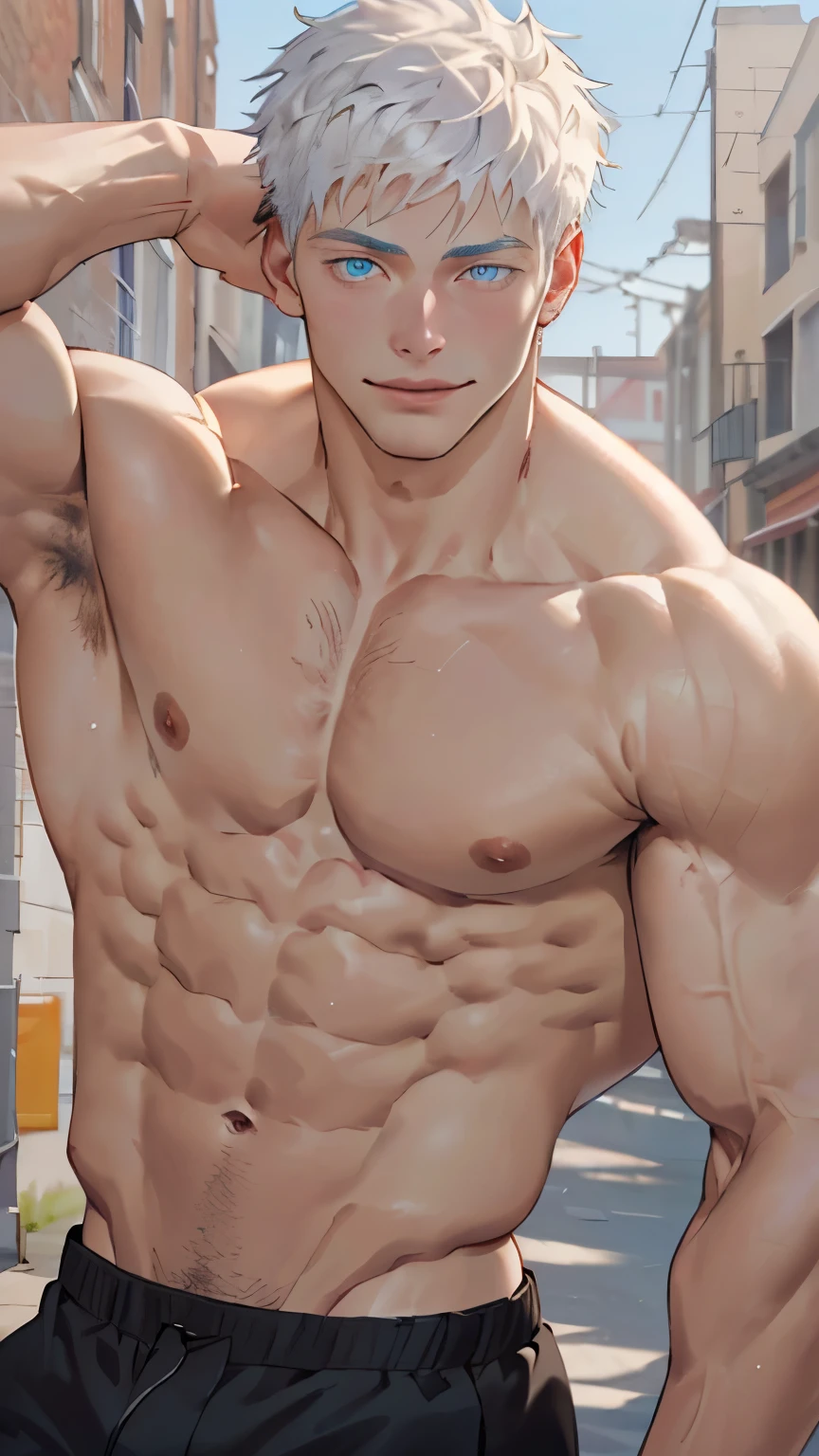 ((the best quality)), ((Masterpiece)), (details), perfect face, high definition, Masterpiece,4k,details clearly, Handsome face, white skin, perfect body, male body, strong muscles, abdomen, blue eyes, white skin, The most handsome man in the world, handsome, The coolest face, Male characters, close image (1man, shirtless), young man, mischievous smile, Extremely muscular tall man, open your eyes ((detailed eyes)), huge, muscular body and Massive, bulging pecs, muscular abs, narrow waist, short hair, blue eyes, delicate big eyes, carefree expression, clear face, handsome (detailed face, perfect face) ((extremely realistic shadows, bodybuilding posture, human, ((22-year-old young man)), V shape, athletic pants, athletic, Shirtless, Sunlight, Street, lower pants, topless, close up look, CG sense, Textured skin, the best quality, Storytelling images, lower your pants, show Panty line, Show your abs, show arm muscle, white hair, shining blue eyes, eyes contact