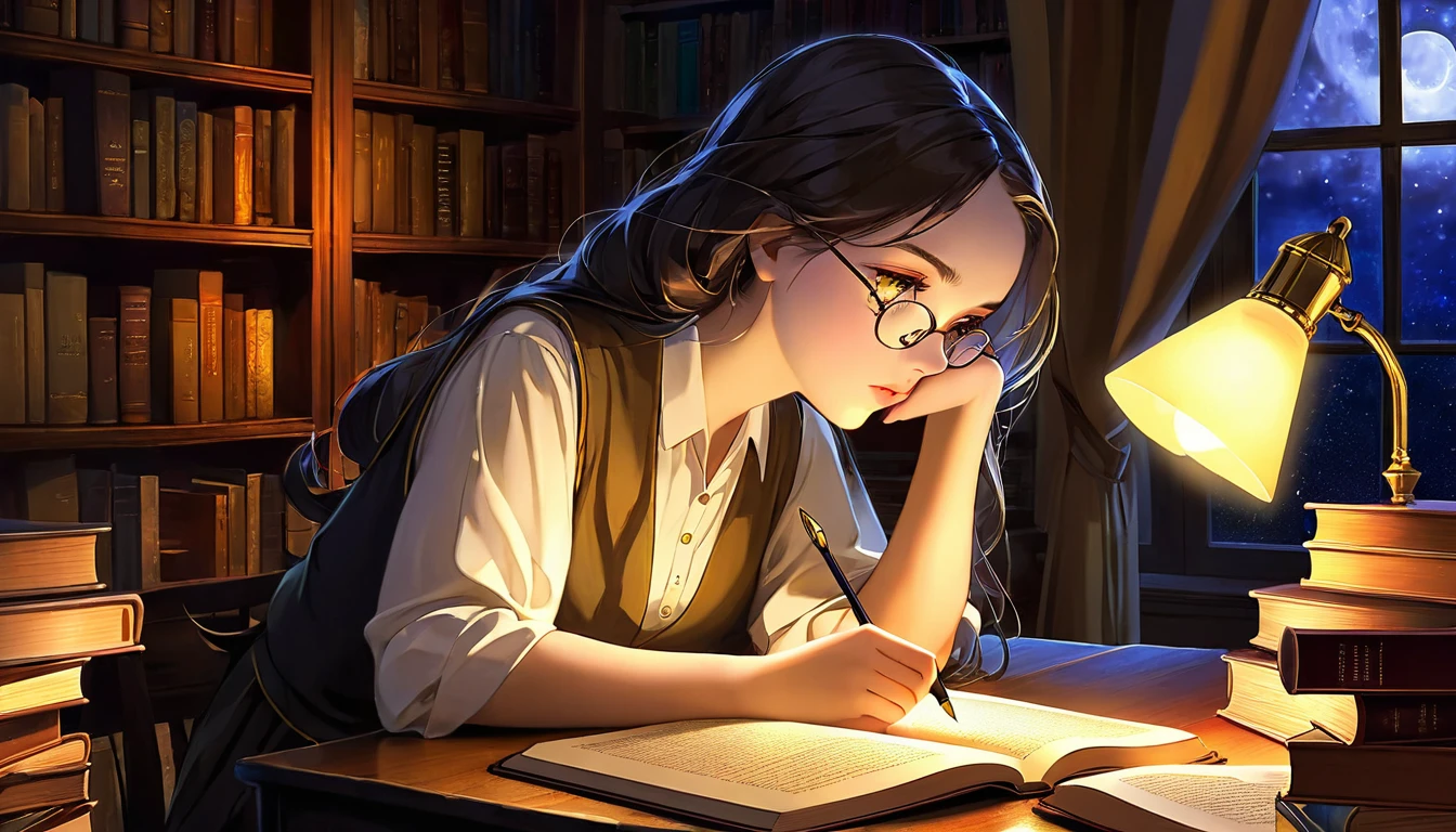 Masterpiece, Best quality, 1girl, Cozy corner, Jumble of books, Profound study, Desk lamp, Yellow glow, Peaceful ambiance, Quiet night, Window, Tranquil countenance, Intensity of concentration, Composed posture, Inquisitive eyes, Subtle tilt, Nimble fingers, Timeworn margins, Sultry aura, Silent focus, Deep in thought, Scholar, Old world wisdom, Intellectual, Thoughtful, Pensive, Well-read, Intellect, Knowledgeable, Wisdom seeker, Glimpse into the mind, Soaking up the knowledge, Absorbing the information.
A girl, enscon,evening,