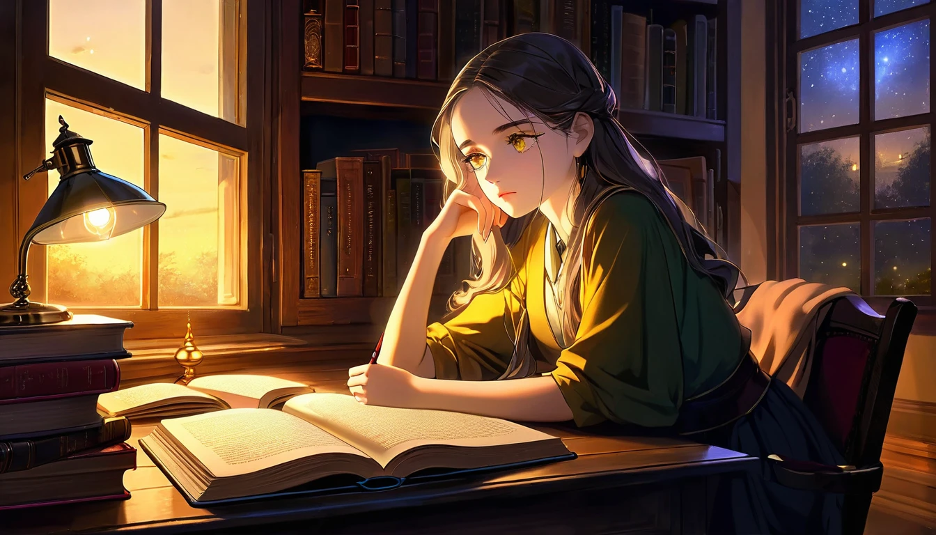 Masterpiece, Best quality, 1girl, Cozy corner, Jumble of books, Profound study, Desk lamp, Yellow glow, Peaceful ambiance, Quiet night, Window, Tranquil countenance, Intensity of concentration, Composed posture, Inquisitive eyes, Subtle tilt, Nimble fingers, Timeworn margins, Sultry aura, Silent focus, Deep in thought, Scholar, Old world wisdom, Intellectual, Thoughtful, Pensive, Well-read, Intellect, Knowledgeable, Wisdom seeker, Glimpse into the mind, Soaking up the knowledge, Absorbing the information.
A girl, enscon,evening,