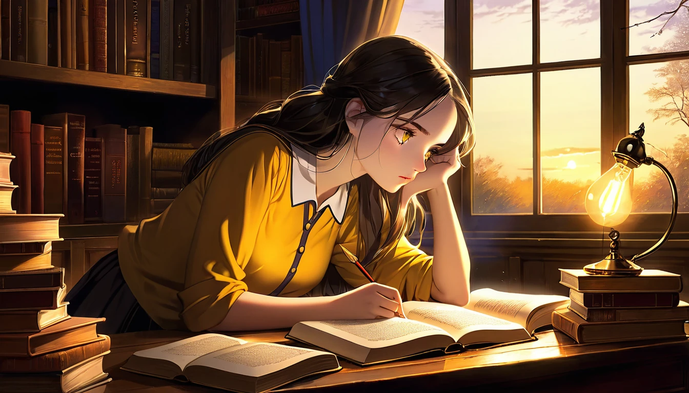 Masterpiece, Best quality, 1girl, Cozy corner, Jumble of books, Profound study, Desk lamp, Yellow glow, Peaceful ambiance, Quiet night, Window, Tranquil countenance, Intensity of concentration, Composed posture, Inquisitive eyes, Subtle tilt, Nimble fingers, Timeworn margins, Sultry aura, Silent focus, Deep in thought, Scholar, Old world wisdom, Intellectual, Thoughtful, Pensive, Well-read, Intellect, Knowledgeable, Wisdom seeker, Glimpse into the mind, Soaking up the knowledge, Absorbing the information.
A girl, enscon,evening,