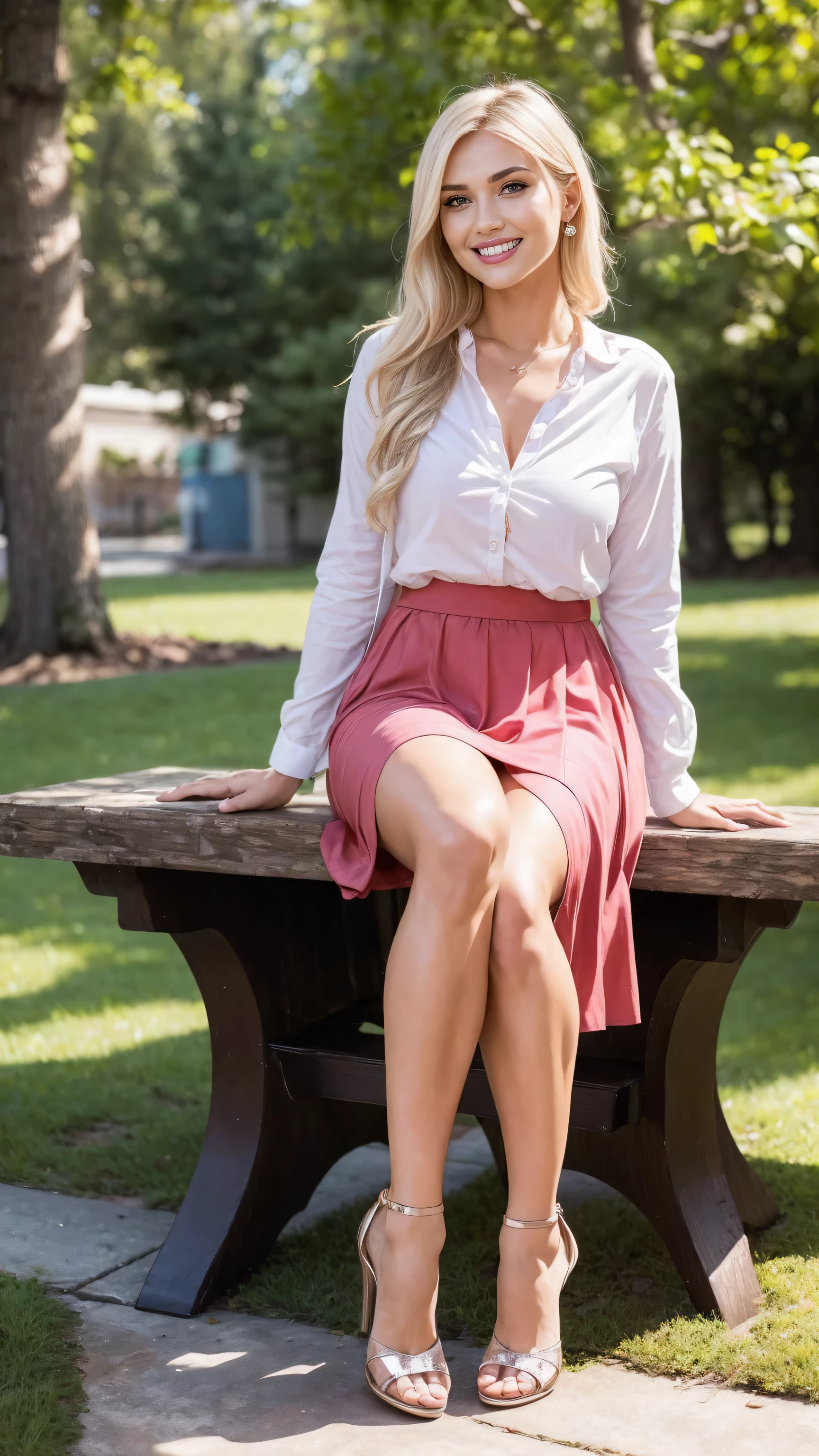 Allie Dunn, blond hair, (red long sleeve shirt), (pink long skirt), (high heels), (perfect leggs), (whole body), (posing), (photo pose), (sitting in park), (confident stance), (alluring allure), (impeccable craftsmanship), (exquisite attention to detail), (smile) (perfect smile), perfect lipps), (perfect teeth), (perfect smile), (irresistible sexiness), (designed to ignite passion), (undeniable sensuality). looking at viewer, smiling, masterpiece, best quality, highly detailed, (Beautiful and detailed eyes), (beautiful and detailed face), Perfect female body, (Best Quality), (ultra-detailed), (master piece), (high resolution), (Original), (the Extremely Detailed CG Unity 8K Wallpapers), big , perfect skin, perfect face, ultra realistic, sexy.