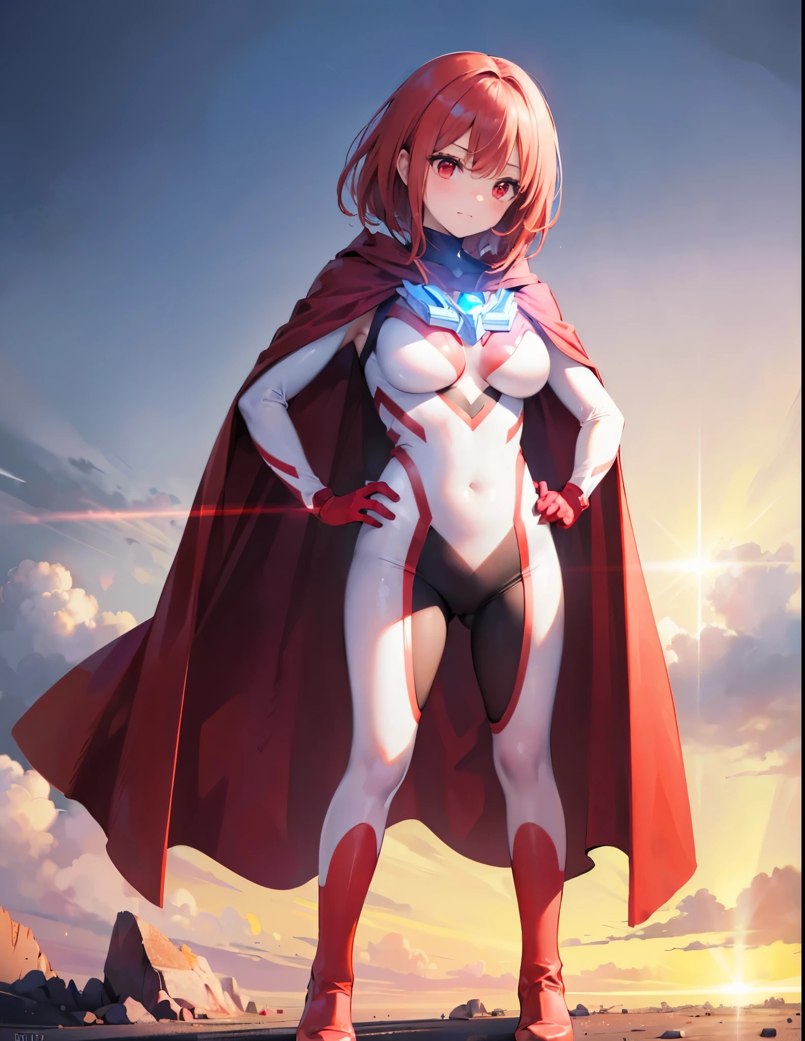 Realistic,highest quality, Ultra Detail, High-quality CG rendering, The most delicate and beautiful, Floating softly, High resolution, (1 girl), (Highest quality,4K,8K,masterpiece:1.2),(All red hair:1.5), (Medium Hair:1.5),(Red eyes:1.5), (Ultra Girl:1.0), (Red Ultraman bodysuit:1.4),(Slightly larger breasts:1.5),Upper Body,(Clenched Fist:1.2),(Place your hands on your hips:1.2), Red gloves,Red Shoes,(Red Cape:1.3)
