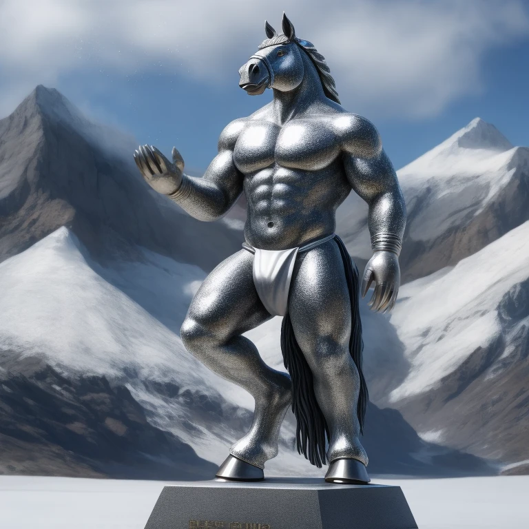  Antro, Statue, Estatua de Plata Metalica [Horse color Silver Metal] , [Fundoshi Bulto Male Big Gold], [Fundoshi Silver Metal], Solo, Plata, [Bulto Male Big], Hooves , (Equine Tail), Detallado 4k, cuerpo completo, Cuerpo silver metal, snowy mountain background, pupil Eyes silver Alta resolucion, Particulas Plateadas, Metal silver Brillo plateado, Metal Pulido, silver Particle, Manos Perfectas