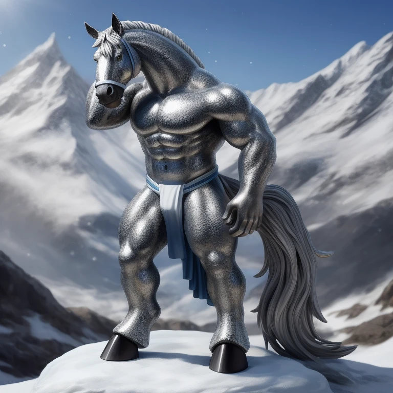  Antro, Statue, Estatua de Plata Metalica [Horse color Silver Metal] , [Fundoshi Bulto Male Big Gold], [Fundoshi Silver Metal], Solo, Plata, [Bulto Male Big], Hooves , (Equine Tail), Detallado 4k, cuerpo completo, Cuerpo silver metal, snowy mountain background, pupil Eyes silver Alta resolucion, Particulas Plateadas, Metal silver Brillo plateado, Metal Pulido, silver Particle, Manos Perfectas