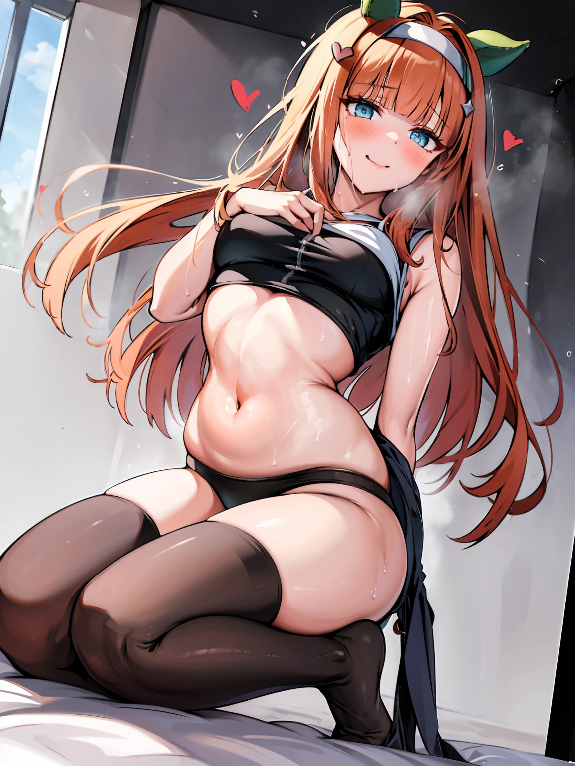 One Woman、Cute Woman、plump thighs、Best image quality、High resolution、masterpiece、super high quality、Spread your legs、Black bra、White panties、I can see her panties、とてもBig Ass、Blushing、4K quality、Thick thighs、Big Ass、Squat with your legs apart、Blushed、Big Breasts、Proud face、Black Stockingsを履いている、bed、Spread your legs wide、Ridiculously big、Very big ass、Low angle shot、Breasts that are too big、Sweaty all over、Heavy breathing、My breasts are bouncing up and down、heart、Sticking out tongue、Lower body close-up、Black Stockings