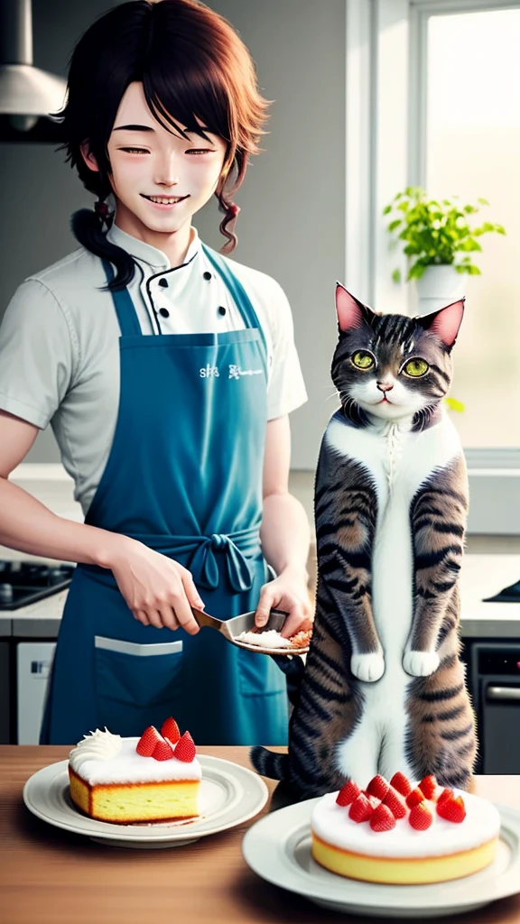 (best quality,highres,masterpiece:1.2), Ultra-detailed, realistic cat chef artwork, A cat chef in a bustling restaurant kitchen, Focused on creating a mouthwatering dish, Skillfully using kitchen tools and appliances, The cat chef's keen eyes and dexterous paws ensure precision and perfection, Playfully interacting with the ingredients, Adding a touch of magic to the culinary creation, Surrounded by delectable ingredients and fresh produce, Vibrant colors enhance the visual appeal of the artwork, Carefully crafted details bring the scene to life, Expertly capturing the joyful atmosphere of a busy kitchen, Warm and inviting lighting creates a cozy ambiance, The cat chef's apron is adorned with adorable paw prints, An anime-style artwork that evokes a sense of charm and playfulness.