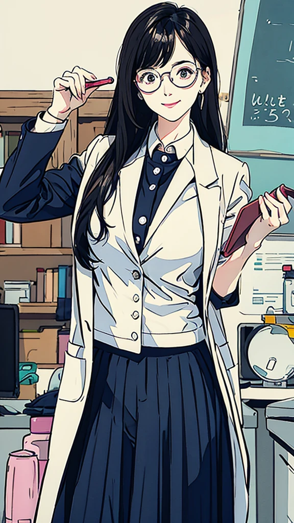 Intelligent woman、Black Hair、White skin、Pink lips、Wearing a researcher's lab coat、round rim glasses、White rubber gloves、Institute of Chemistry、Test tube、beaker、microscope、flask、Glancing sideways at the viewer、smile、Open your lips